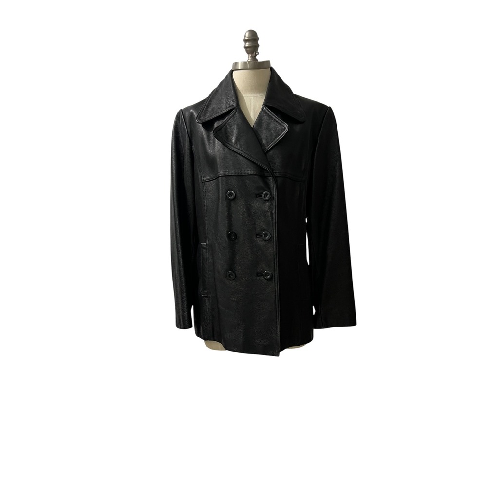 Vintage Jones New York Black Leather Peacoat Jacket Women's Large - Picture 2 of 13